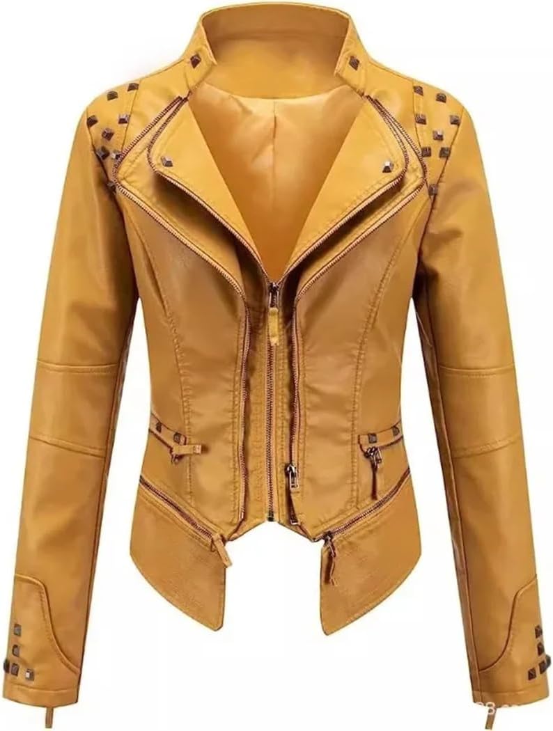 Women's PU Leather Jacket Rivet Decor Lapel Short Biker Coat Washed Casual Spring Autumn Fashion Outerwear
