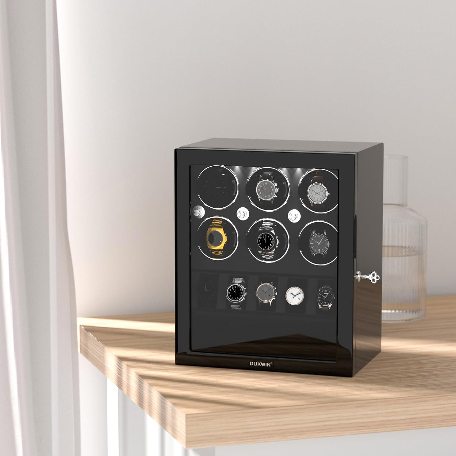 DUKWIN Watch Winder for 4/6/8 Automatic Watches, Lockable Winders with Watch Holders and Jewelry Storage, Super Quiet Motor with High-Gloss Finish, Built-in Illumination