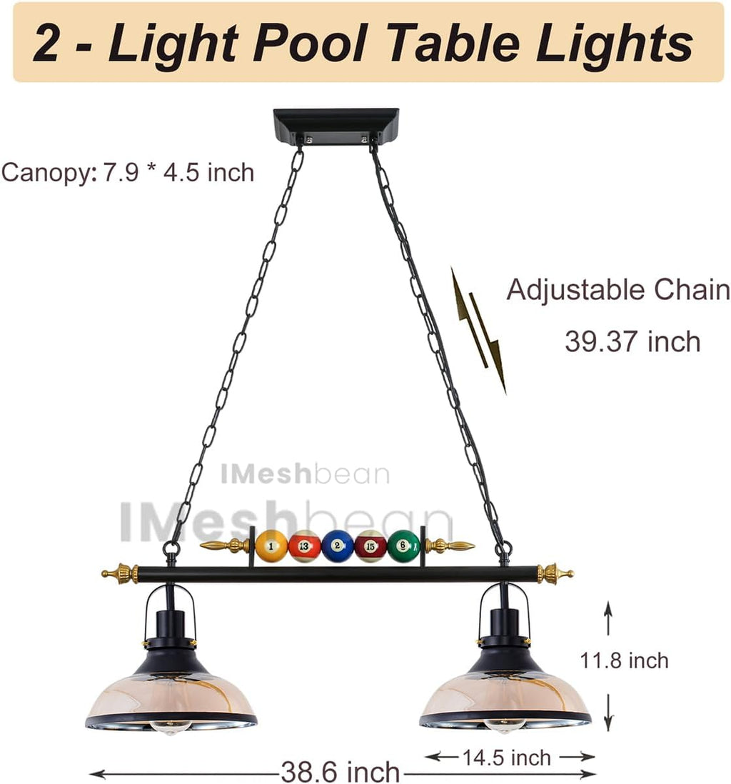 iMeshbean Pool Table Light, 2-Light Pool Table Lighting Fixtures Ceiling Lamp for Game Room Beer Bar Billiard Roon, Real Billiard Ball Design Billiard Pendant Lamp,2 Glass Shades