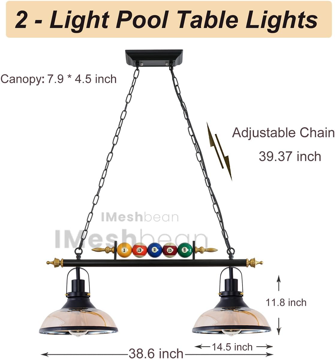 iMeshbean Pool Table Light, 2-Light Pool Table Lighting Fixtures Ceiling Lamp for Game Room Beer Bar Billiard Roon, Real Billiard Ball Design Billiard Pendant Lamp,2 Glass Shades