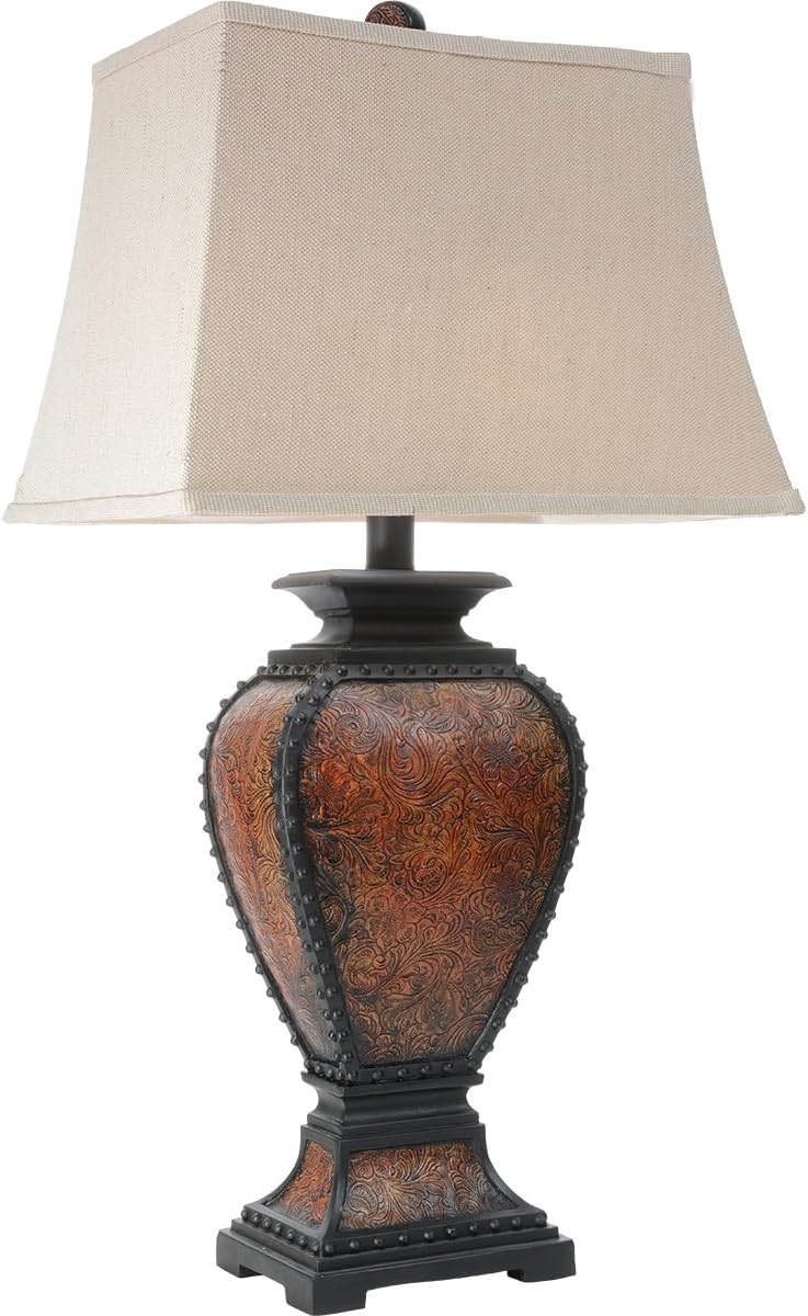BLACK FOREST DECOR Western Tooled Leather Table Lamp - Rustic Faux Leather Shade for Cabin Decor