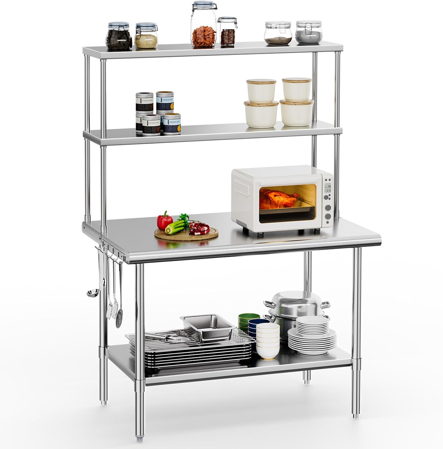 ROVSUN All Stainless Steel Table with Overshelves 48' X 30', NSF Commercial Heavy Duty Pre Table with Adjustable Undershelf & Detachable Hooks for Kitchen Restaurant Hotel Garages