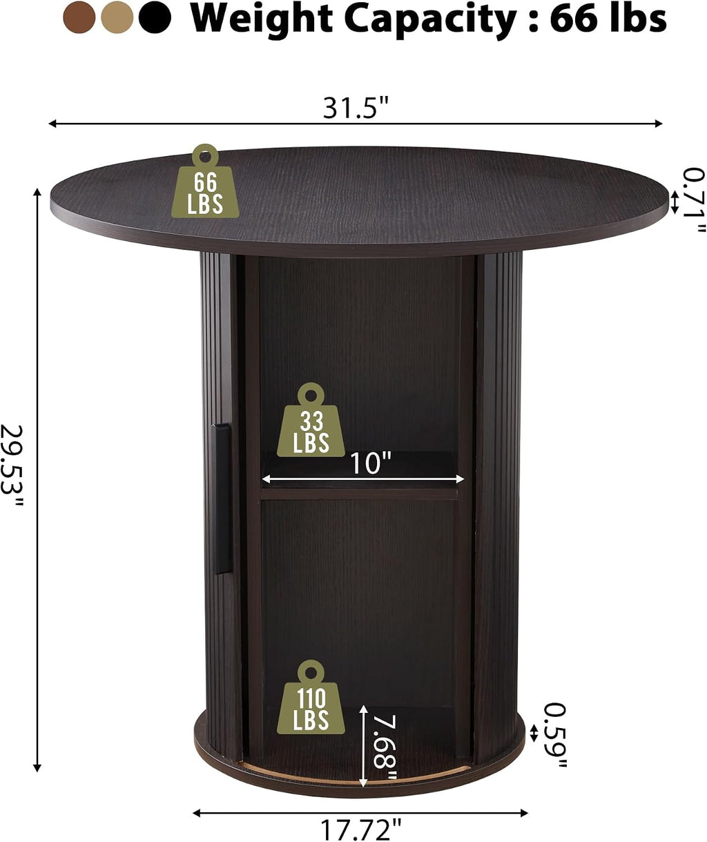 31.5' Round Dining Table for 2-4, Modern Kitchen Table with 2-Tier Storage Shelf, Small Wooden Circle Dining Tables with Fluted Base for Home Dining Room Living Room (Blackened Brown)