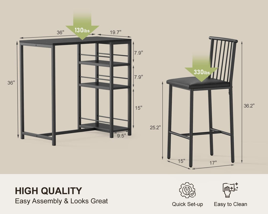 Gizoon Dining Table Set for 2 with 3 Storage Shelves, Kitchen Table and Chairs for 2 with Pu Cushion Chairs & Thick Wood Top, 3 Piece Dining Table Set for Small Space, Apartment - Black