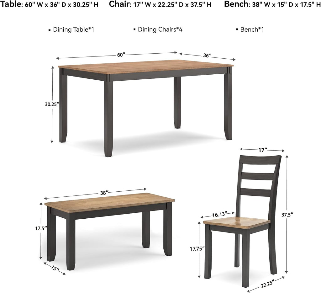 Signature Design by Ashley Gesthaven Casual Dining Table, Bench and 4 Ladderback Chairs, Seats 6, Wood, 36' W x 60' D x 30.25' H, Light Brown & Dark Brown