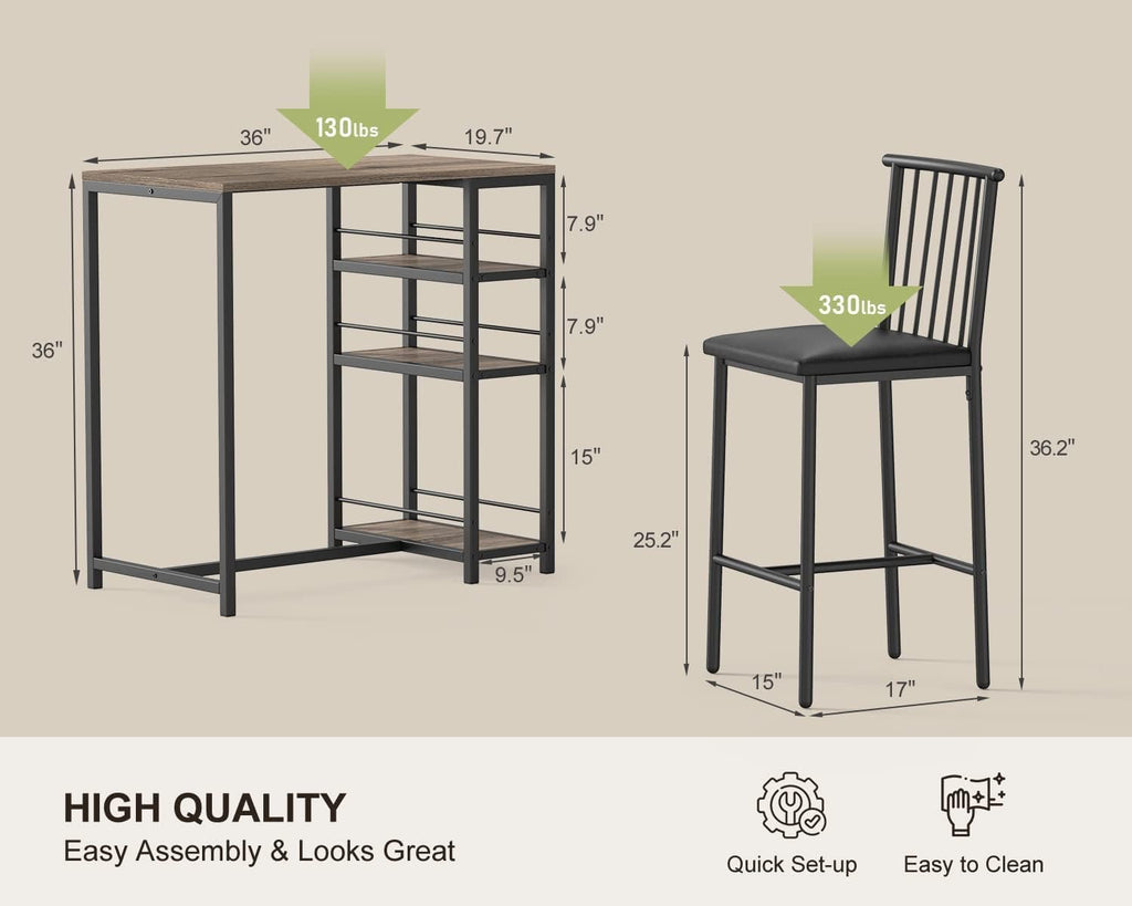 Gizoon Dining Table Set for 2 with 3 Storage Shelves, Kitchen Table and Chairs for 2 with Pu Cushion Chairs & Thick Wood Top, 3 Piece Dining Table Set for Small Space, Apartment - Grey