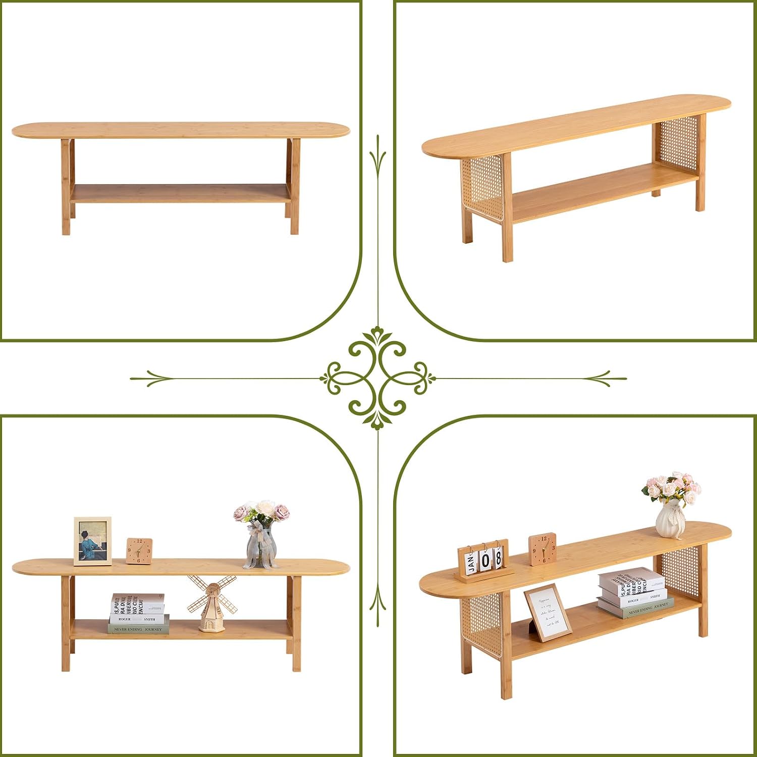 HollyHOME Bamboo TV Stand with Storage for TVs up to 65', Modern Entertainment Center with Rattan Side, Accent TV Table with 2 Shelf, Media Console TV Stand for Living Room, Bedroom, Burlywood