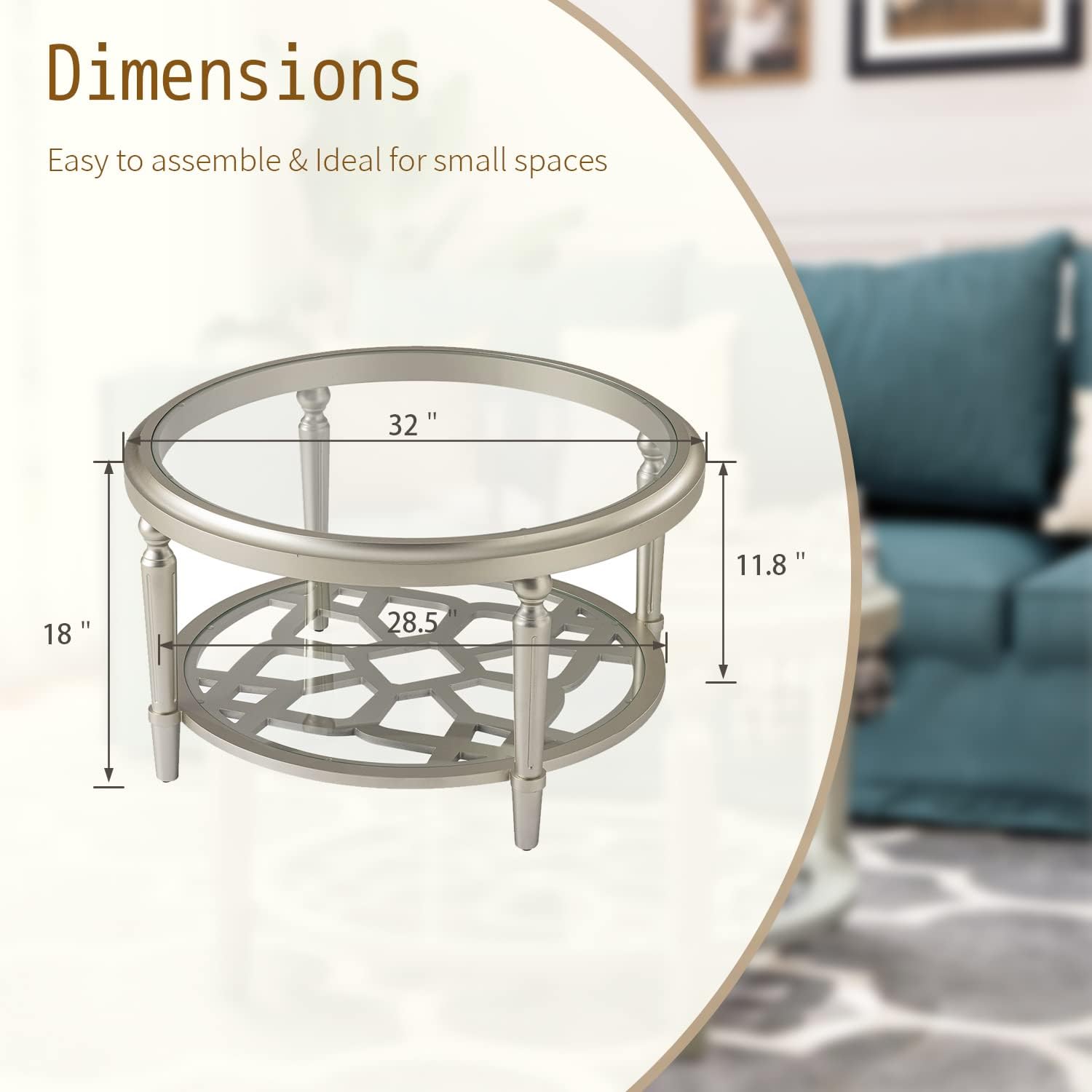 SUNBURY Glass Coffee Table, 32' Round Coffee Table, Glass Side Table, Lightweight Accent End Table for Living Room, Bedroom, Dinning
