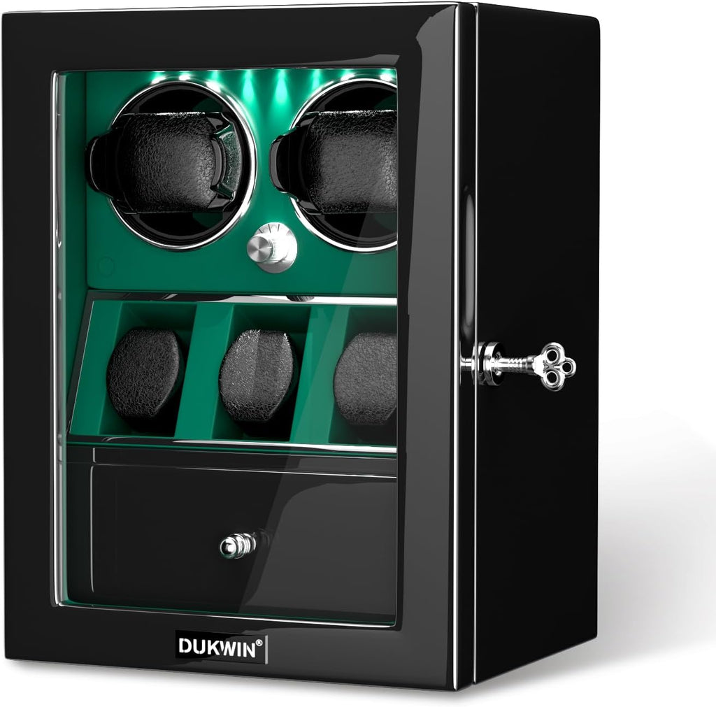 DUKWIN Watch Winder for 4/6/8 Automatic Watches, Lockable Winders with Watch Holders and Jewelry Storage, Super Quiet Motor with High-Gloss Finish, Built-in Illumination