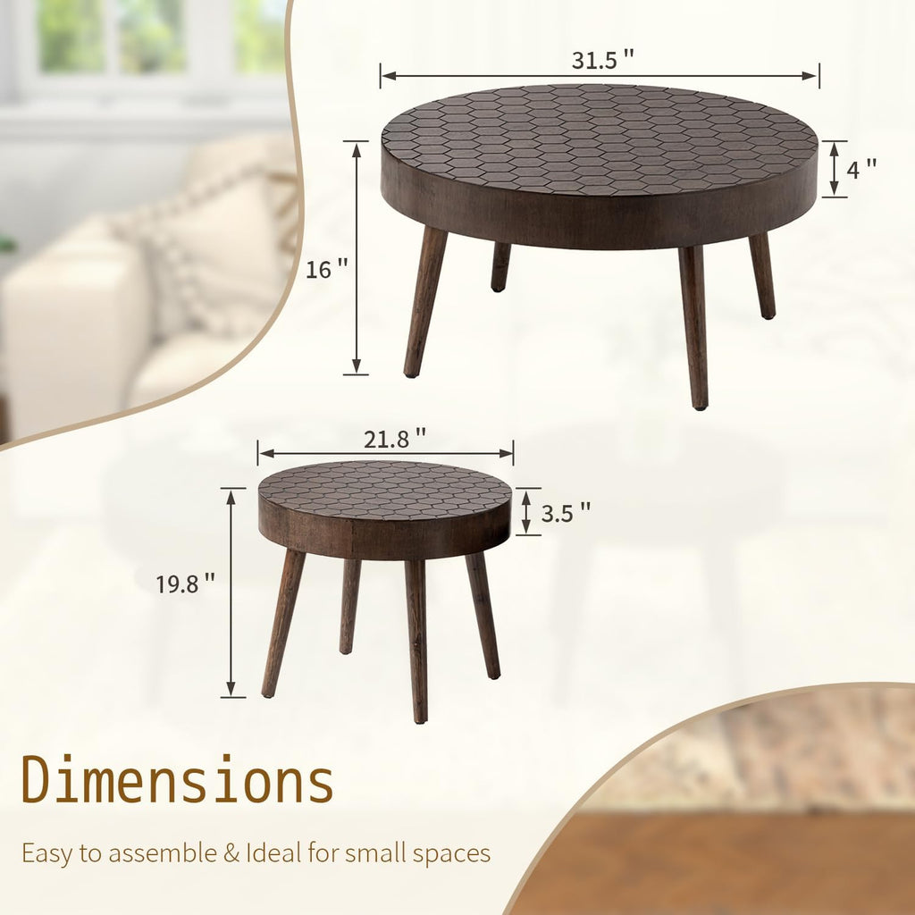 SUNBURY Coffee Table Set, Morden Round Coffee Table Set of 2, 18' Farmhouse Living Room Nesting Tables, Livingroom Table Set