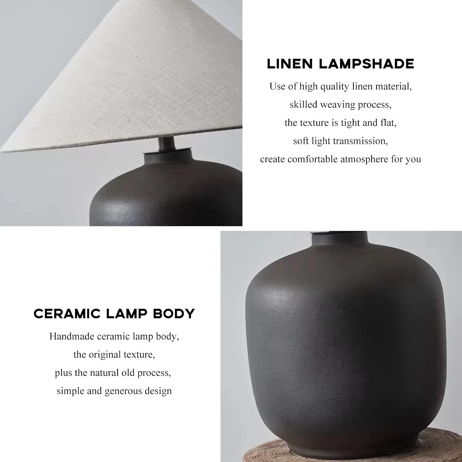 PURESILKS Modern Minimalist Table Lamps, Rustic Farmhouse Ceramic Table Lamp, 16.53' Tall Desk Lamp with Off-Black Linen Drum Lampshade Decor for Living Room Bedroom Bedside Nightstand (Black)