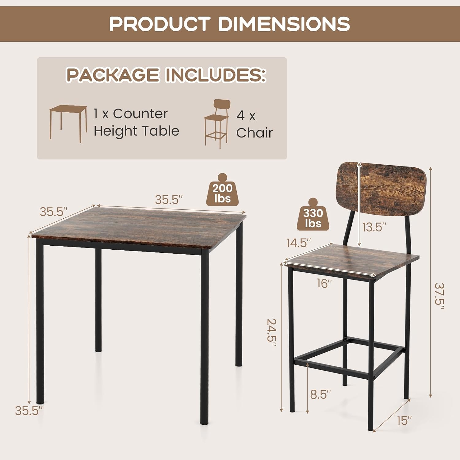 Giantex 5-Piece Dining Table Set W/Counter Height Table & 4 Bar Stools, Industrial Kitchen Dining Set W/Footrest & Backrest, Space-Saving Dinette Set for Pub, Dining Room, Restaurant (Mix Brown)