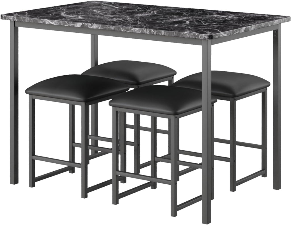 VECELO Kitchen Table and Chairs for 4, Dining Room Set with PU Chairs/Stools, Heavy-Duty Metal Frame, Faux Marble Tabletop, Space-Saving Design for Small Spaces, Easy Assembly, Veined Black
