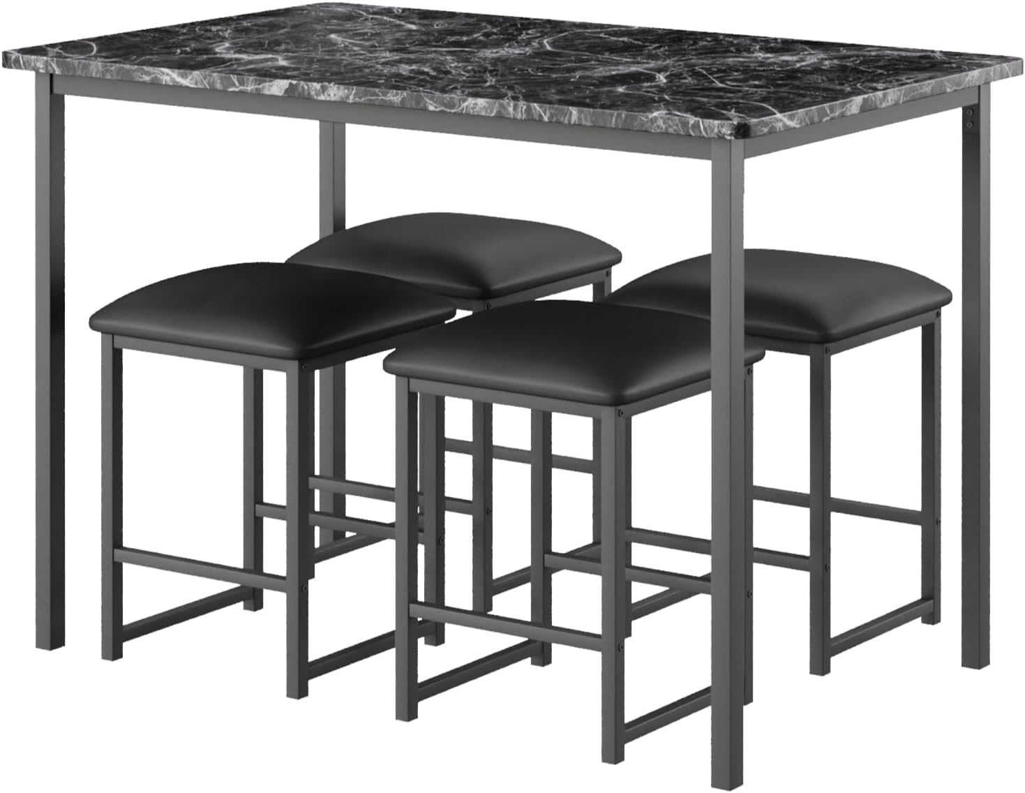 VECELO Kitchen Table and Chairs for 4, Dining Room Set with PU Chairs/Stools, Heavy-Duty Metal Frame, Faux Marble Tabletop, Space-Saving Design for Small Spaces, Easy Assembly, Veined Black