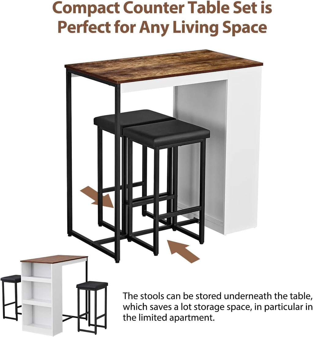 Panana 3 Piece Dining Table Set Kitchen Bar Table with Two Stool Storage Shelves Wood Counter Height Table Top with Sew Kerf Finish Dining Room Home