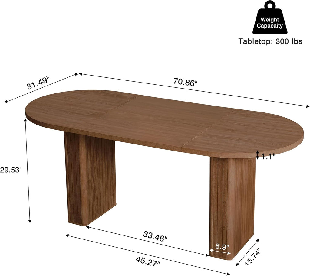 70.8 Inch Oval Dining Table for 4-6 People, Kitchen Table with Wood Strip Base, Modern Farmhouse Round Dining Room Tables for Kitchen Living Room (Walnut)