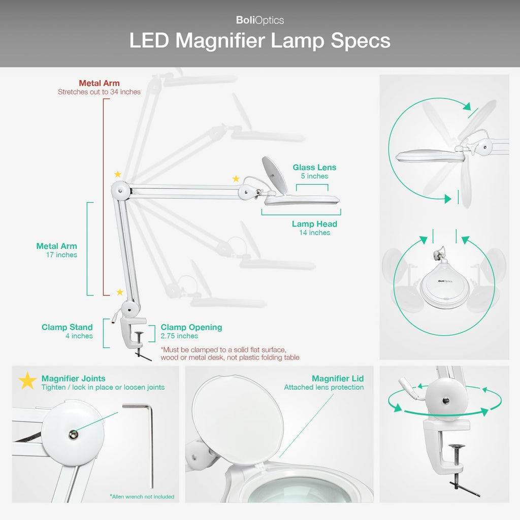 (Glass Lens) Professional LED Magnifying Lamp with Clamp, Dimmable, 1200 Lumens, 5600K-6000K Daylight Bright 60 SMD LED, Work Light Mounting Bracket Clamp (8 Diopter) BoliOptics MG16303321
