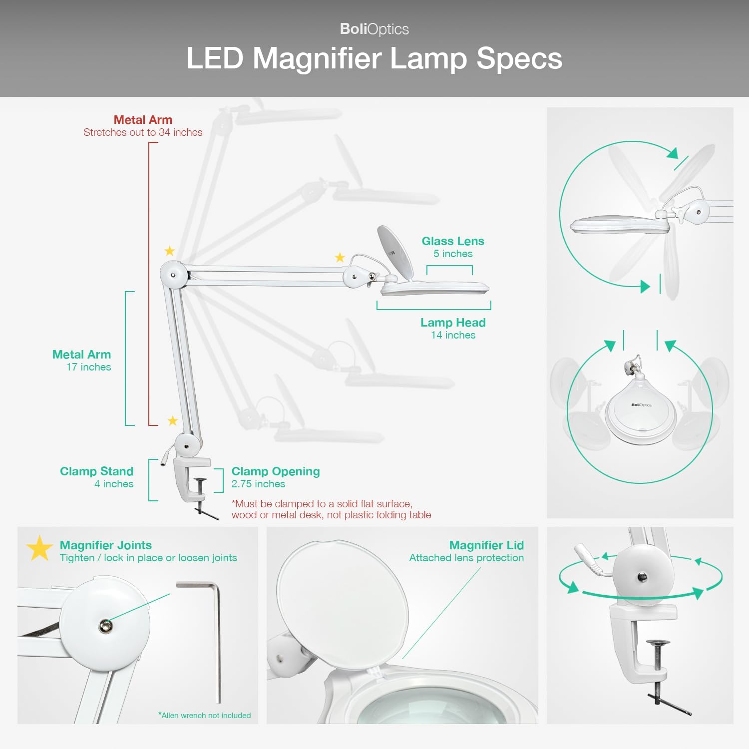 (Glass Lens) Professional LED Magnifying Lamp with Clamp, Dimmable, 1200 Lumens, 5600K-6000K Daylight Bright 60 SMD LED, Work Light Mounting Bracket Clamp (8 Diopter) BoliOptics MG16303321