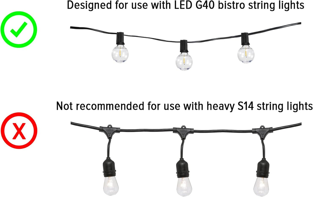 Outdoor String Light Pole Stand with 25 ft G40 Bistro String Lights - 9.5 Feet, Black, Heavy-Duty with Freestanding Tank Base for Grass, Patio, Deck, Events
