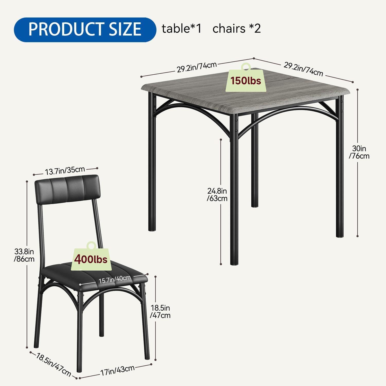 IDEALHOUSE Dining Table Set for 2, Kitchen Table and Chairs for 2 with Upholstered Chairs, 3 Piece Square Kitchen Table Set, Dining Room Table Set for Small Space, Apartment, Retro Black