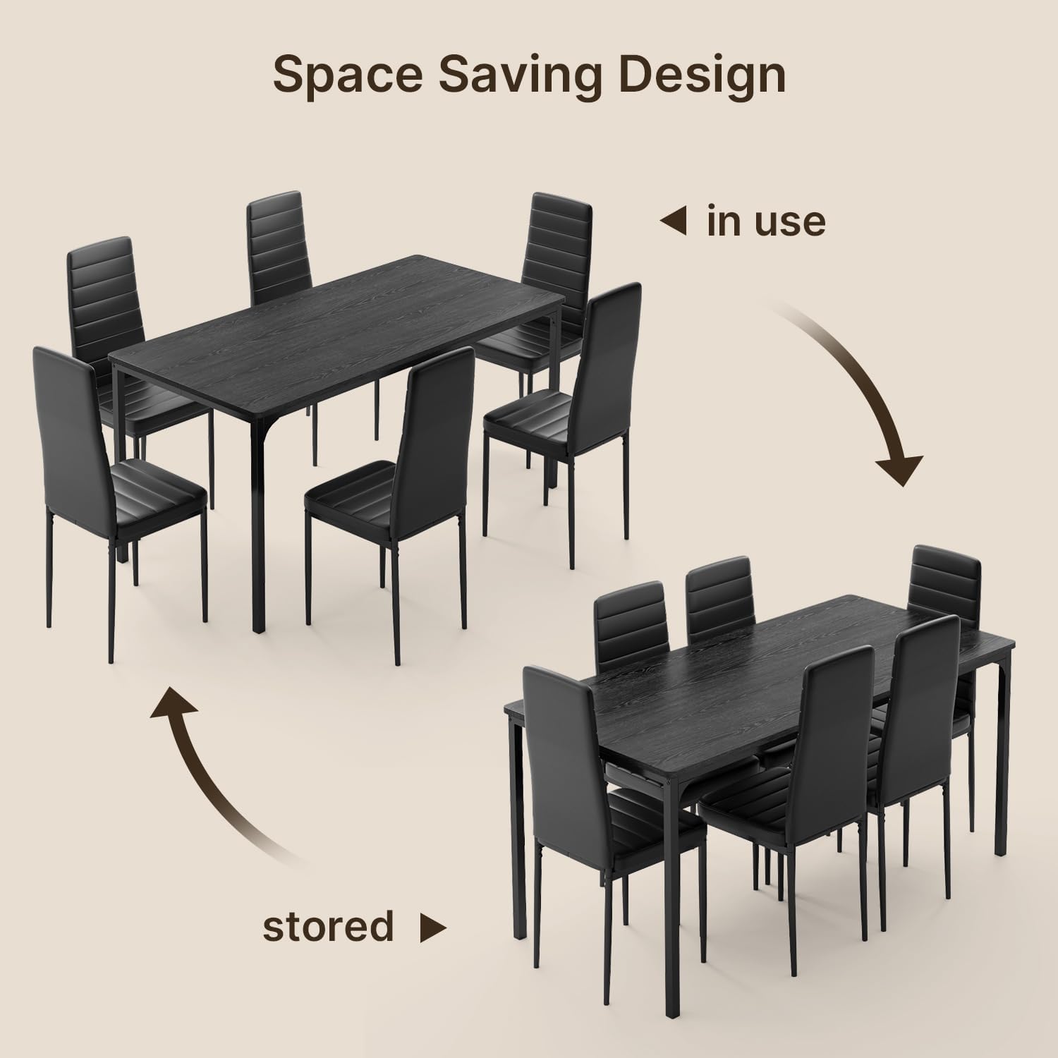 Gizoon Dining Table Set for 6, Kitchen Table Chairs Set of 6, 7 Piece Kitchen Table Set with 6 Upholstered PU Leather Chairs for Dining Room, Living Room, Apartment, Small Space, Black