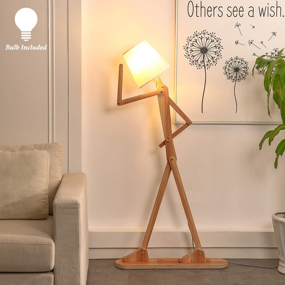 Cool Tall Wood Floor Lamp for Living Rooms Bedrooms - Office Corner Decorative Reading Standing Arc Light Creative Swing Arm Gift Ideas for Kids Boys Girls Bedside - LED Bulb Included (Ash)
