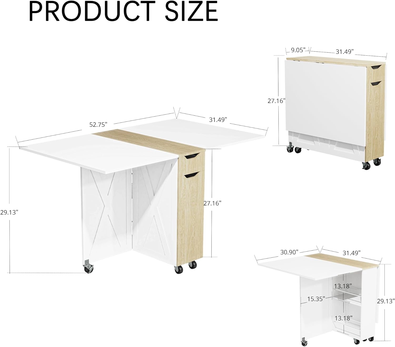 3imothrix Folding Dining Table, Small Dining Table, Space Saving Dining Table with 6 Wheels, Kitchen Table Sewing Table for Small Spaces (White)