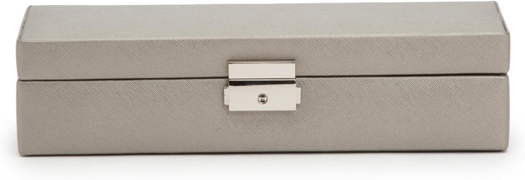 WOLF Heritage Safe Deposit, Pewter Saffiano - Seven Jewelry Compartments, One Ring Roll & One Watch Compartment - Includes Lock & Key