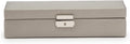 WOLF Heritage Safe Deposit, Pewter Saffiano - Seven Jewelry Compartments, One Ring Roll & One Watch Compartment - Includes Lock & Key