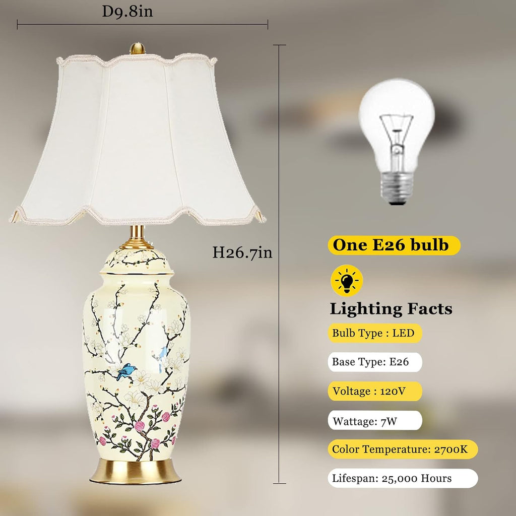 Flower Bird Ceramic Table Lamp, Rustic Vintage White 26.7' Tall Coastal Bedside lamp, Ceramic Lamp Body with Fabric Tapered Drum Shade for Living Room Bedroom House Bedside Nightstand Home