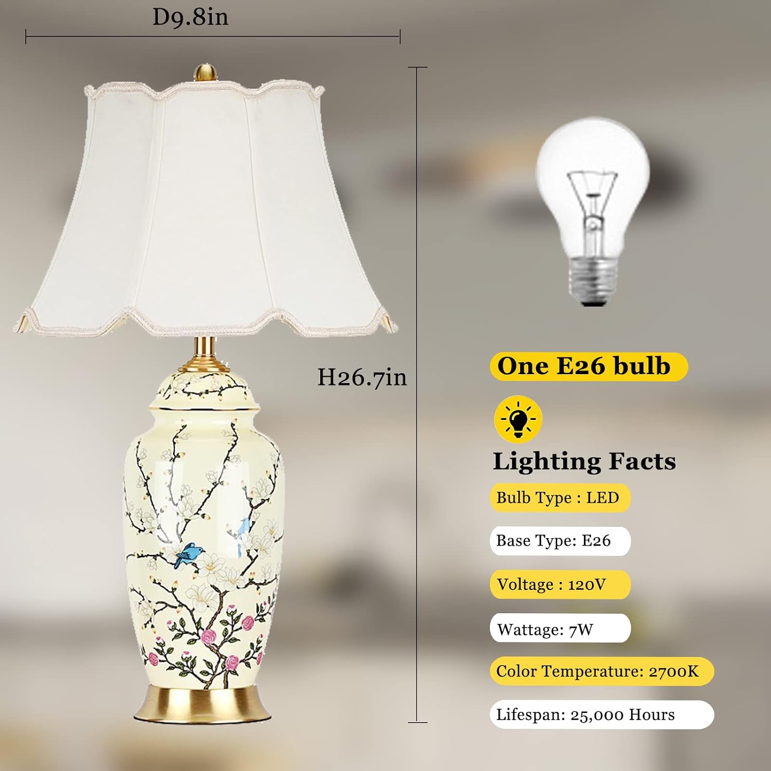 Flower Bird Ceramic Table Lamp, Rustic Vintage White 26.7' Tall Coastal Bedside lamp, Ceramic Lamp Body with Fabric Tapered Drum Shade for Living Room Bedroom House Bedside Nightstand Home