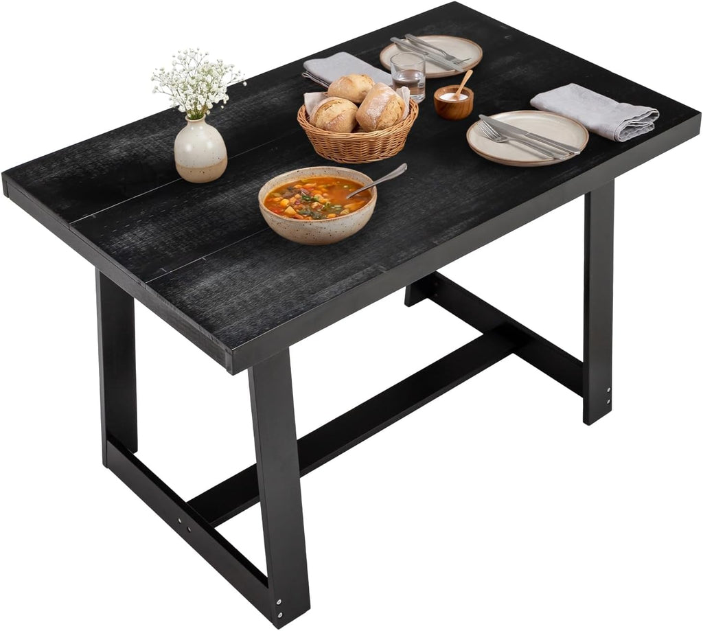 VINGLI 48 Inch Farmhouse Dining Table for 4-6, Solid Pine Wood Table with 4 Corner Protectors, Rectangular Dining Table for Kitchen, Dining Room, Small Apartment, Studio, Family Dinner, Black