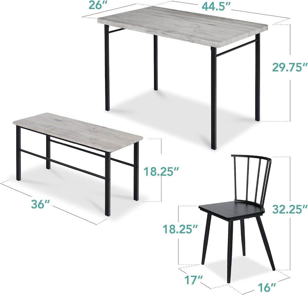 Best Choice Products 4-Piece Farmhouse Dining Table Set w/ 2 Black Spindle Chairs, Dining Bench, Kitchen Table, Windsor Chairs - Gray