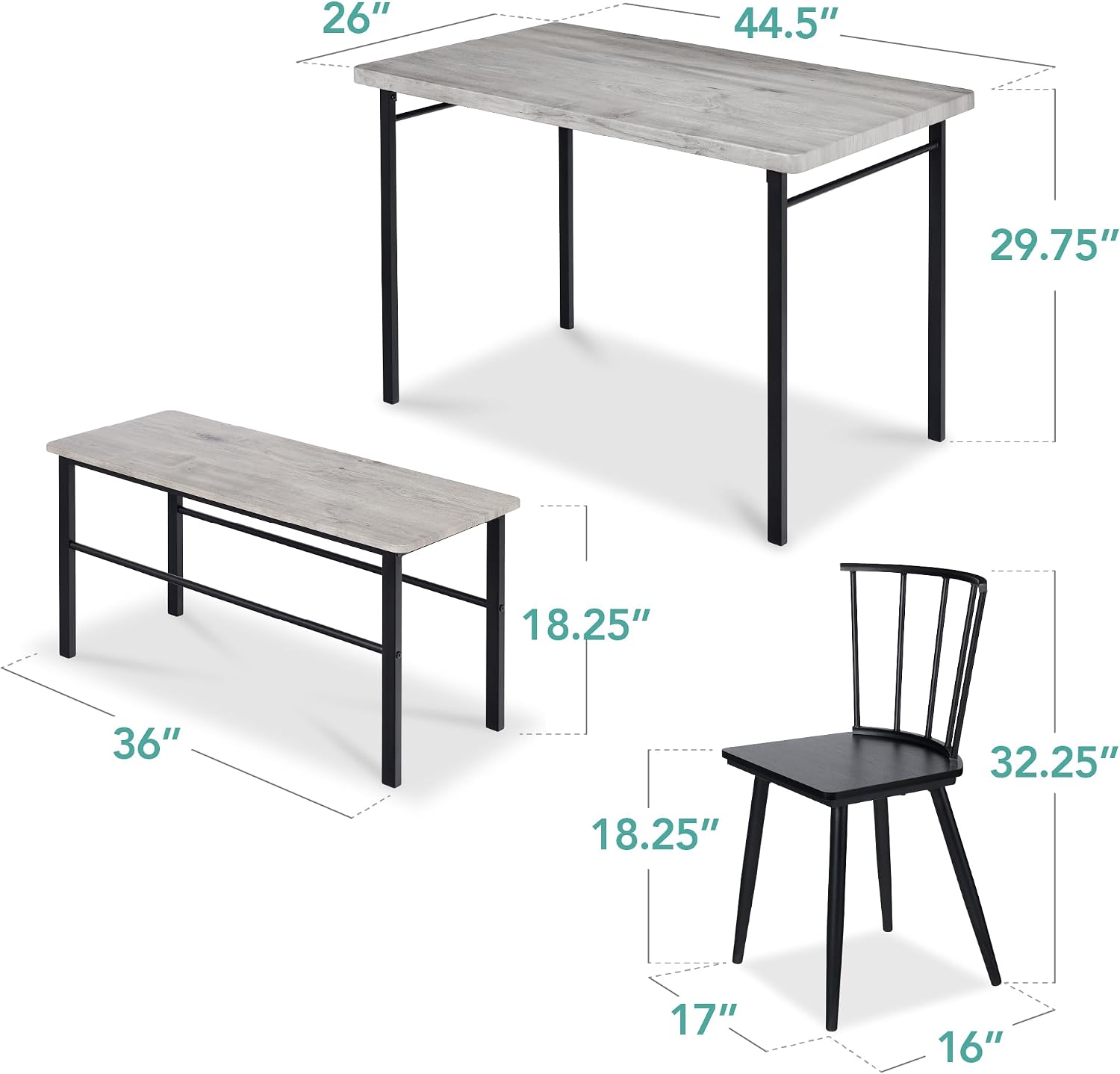 Best Choice Products 4-Piece Farmhouse Dining Table Set w/ 2 Black Spindle Chairs, Dining Bench, Kitchen Table, Windsor Chairs - Gray