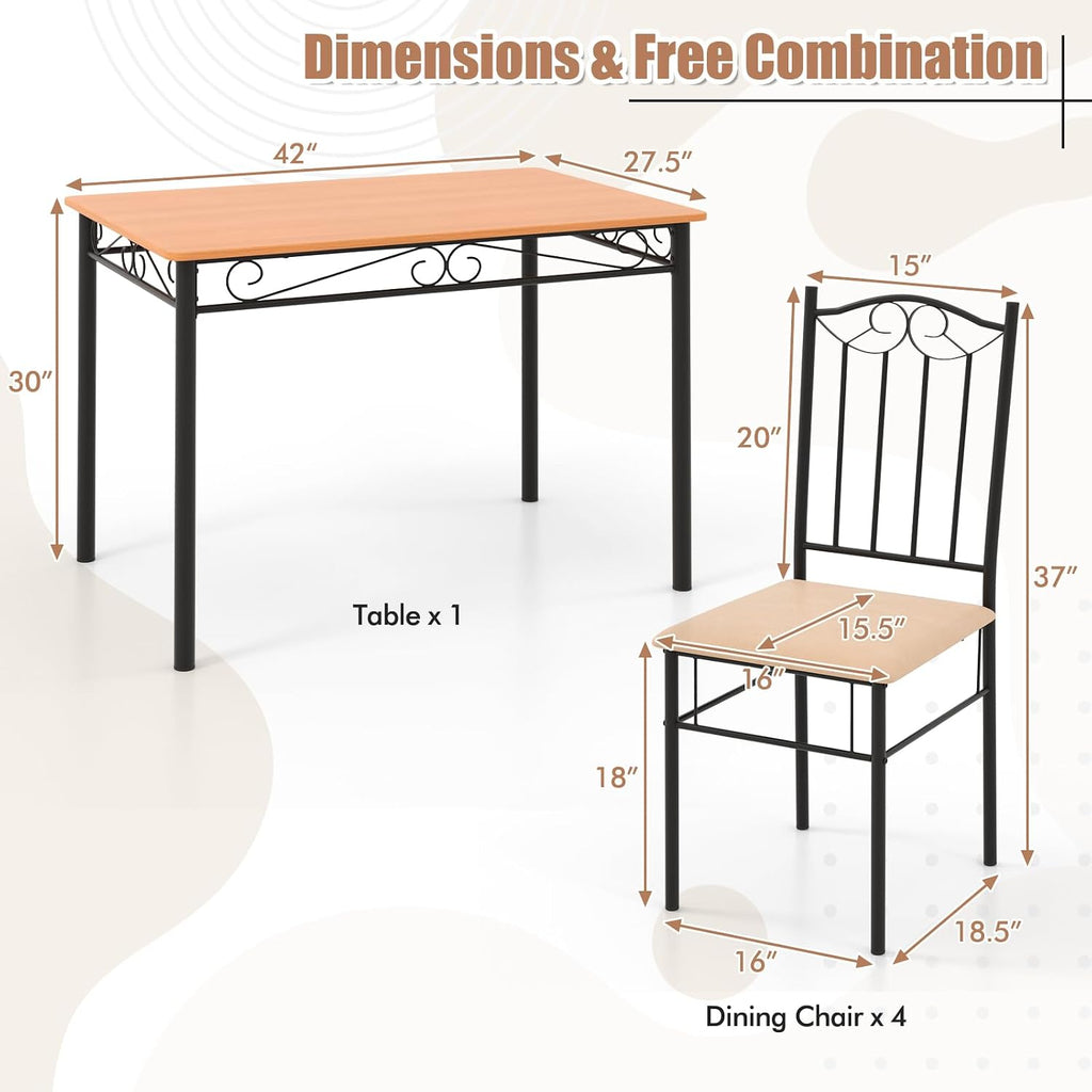 Giantex 5-Piece Dining Set for 4, Modern Wood Kitchen Table with Upholstered Chair, Space-Saving Dinner Table Set for Dinette, Restaurant, Living Dining Room Furniture
