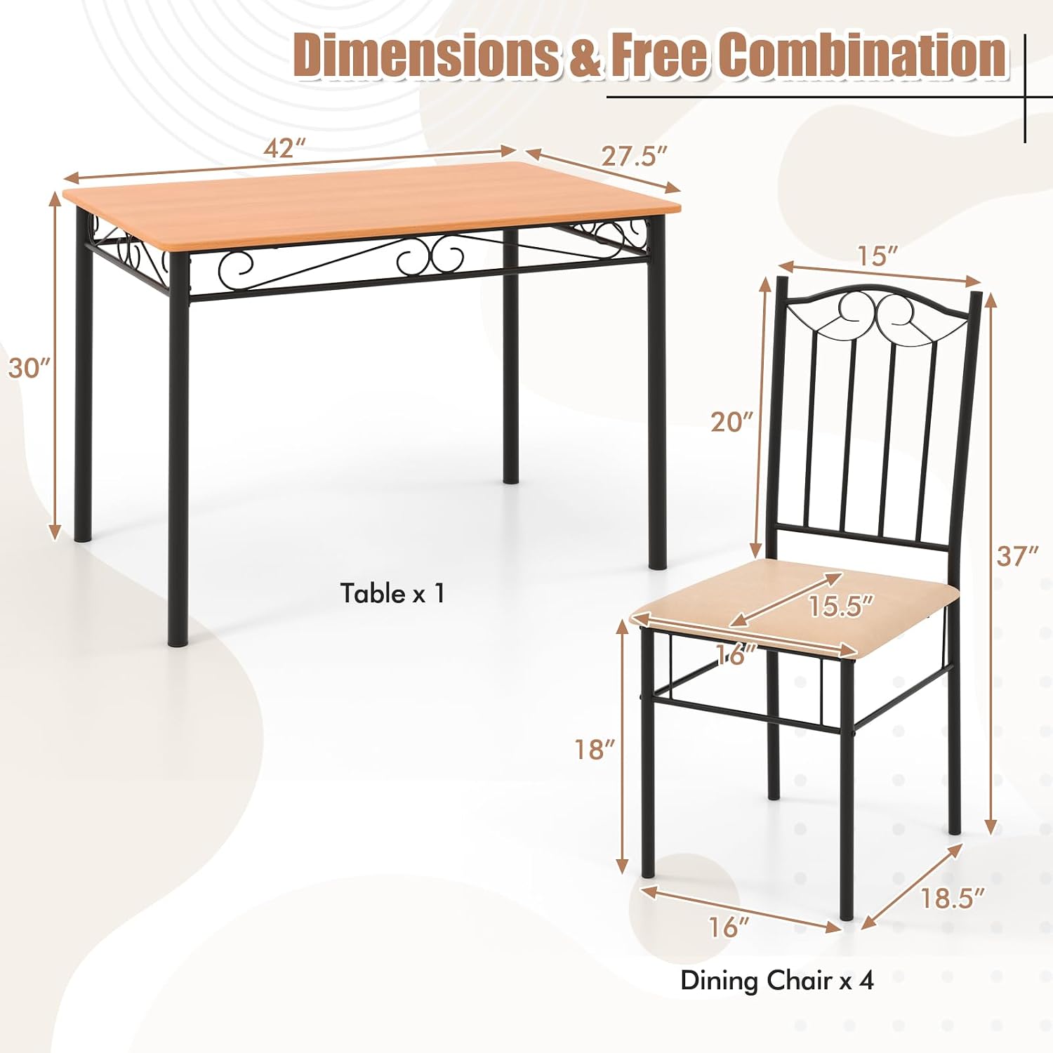 Giantex 5-Piece Dining Set for 4, Modern Wood Kitchen Table with Upholstered Chair, Space-Saving Dinner Table Set for Dinette, Restaurant, Living Dining Room Furniture