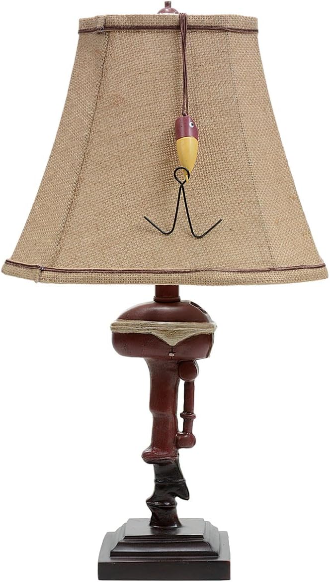 BLACK FOREST DECOR Outboard Accent Table Lamp – Rustic Boat Motor Fishing Lamp with Linen Shade – 11' W x 8.2' D x 20' H