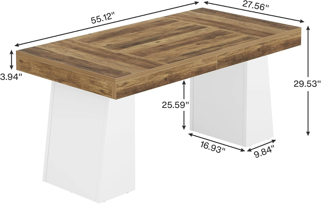 Tribesigns 55-Inch Dining Room Table for 4, Mid-Century Modern Dining Table with Double Pedstral, Rectangular Wood Kitchen Dinner Tables for Dining Room, Kitchen, Home, White & Brown(Only Table)
