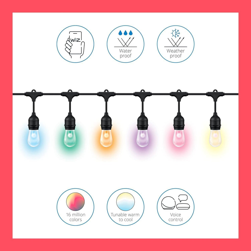 WiZ Connected 48FT Color Changing Outdoor String Lights - Water and Weatherproof - Adapter Included - Control with Wiz Connected App - Works with Voice Control