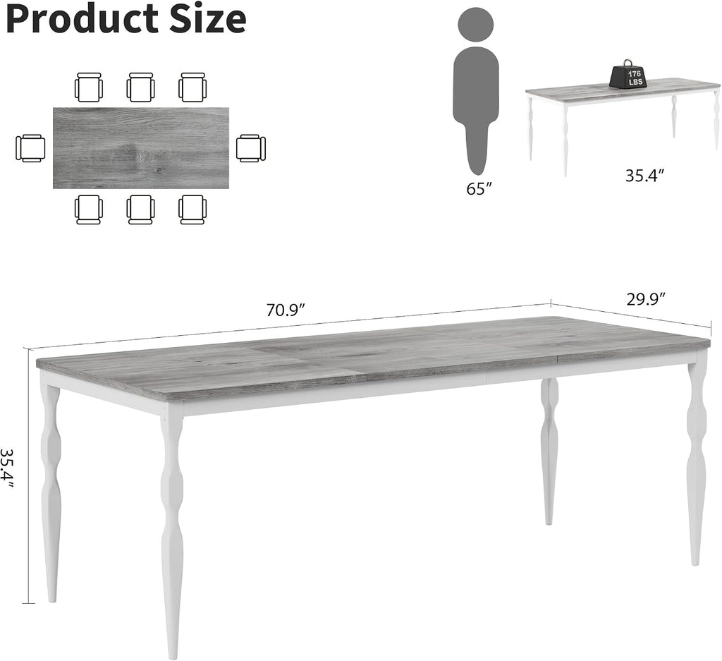 Garvee 71-Inch Modern Farmhouse Dining Table, Large Rectangular Kitchen Table for 6-8 People, Sturdy Wood Top with Unique Legs, Scratch-Resistant Dining Room Furniture for Party, Big Family, Grey