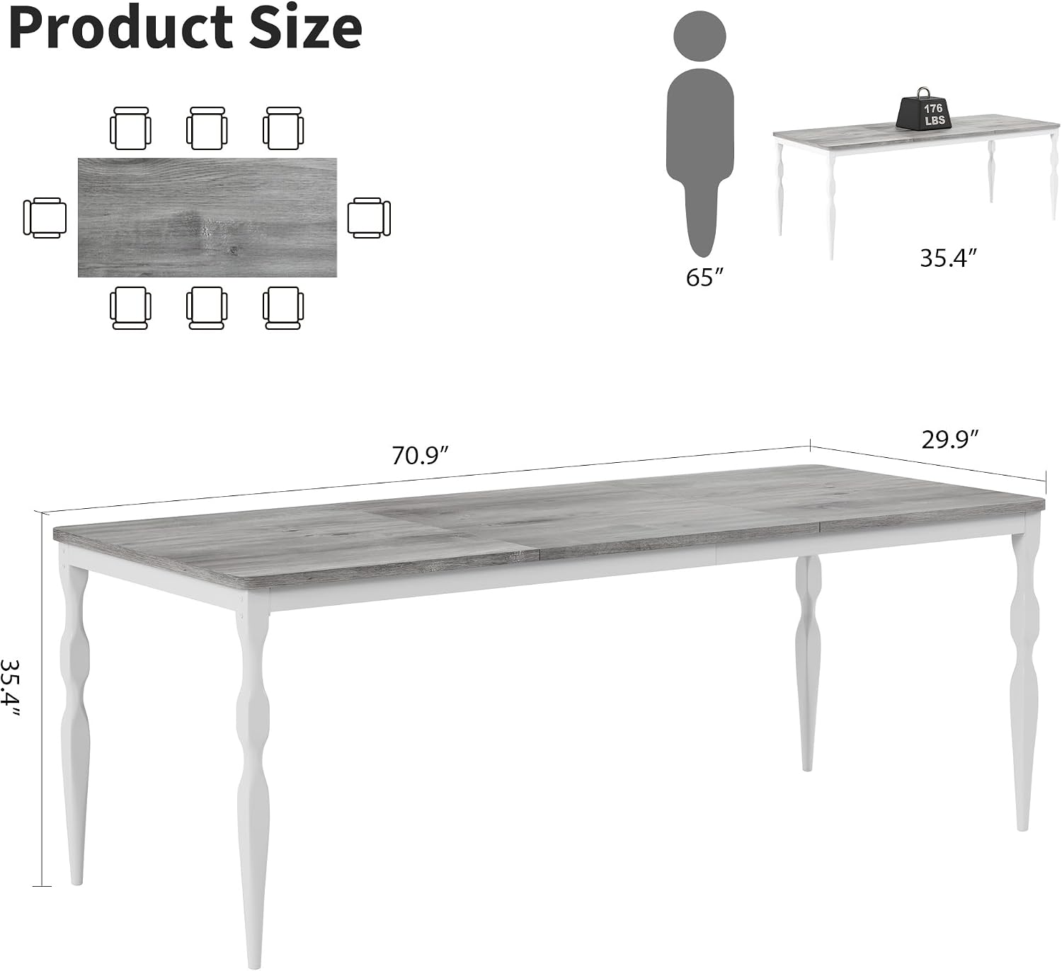Garvee 71-Inch Modern Farmhouse Dining Table, Large Rectangular Kitchen Table for 6-8 People, Sturdy Wood Top with Unique Legs, Scratch-Resistant Dining Room Furniture for Party, Big Family, Grey