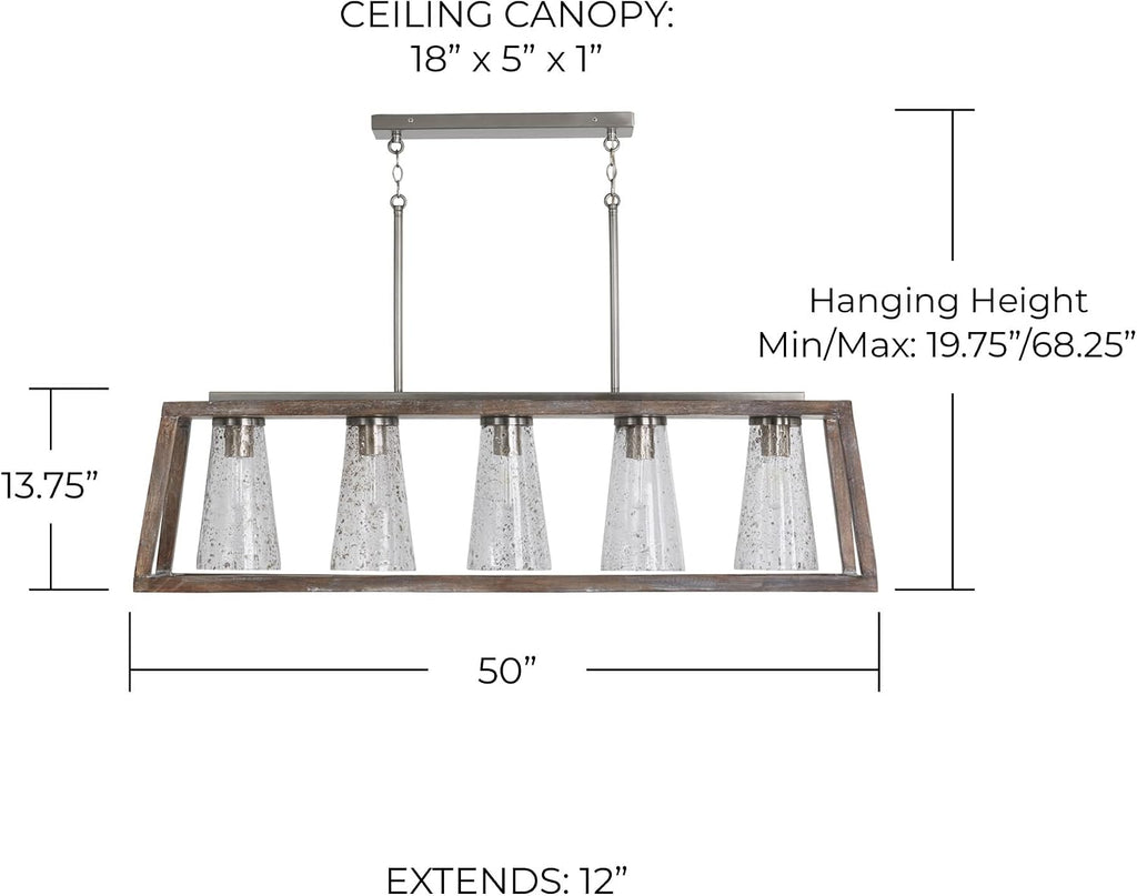 Capital Lighting 840551HN-504 Connor Unique Mango Wood & Glass Seeding Island Chandelier/Linear Pendant, 5-Light 300 Total Watts, 14' H x 50' W, Black Wash/Matte Nickel