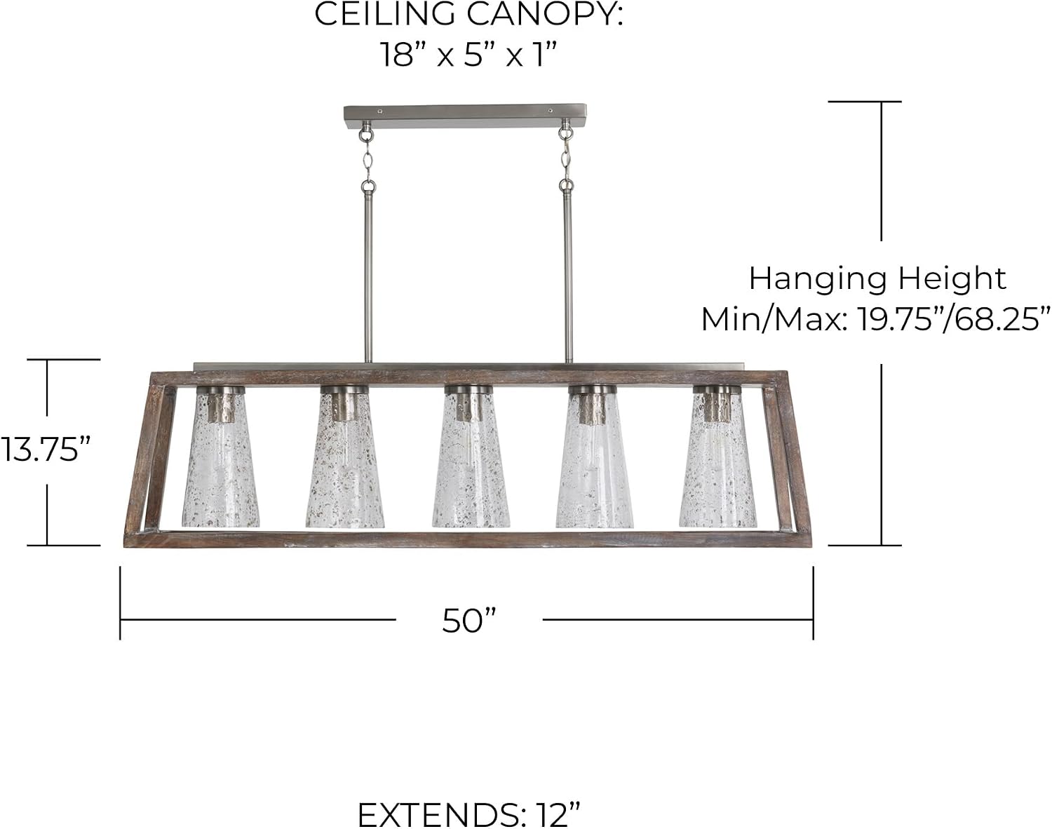 Capital Lighting 840551HN-504 Connor Unique Mango Wood & Glass Seeding Island Chandelier/Linear Pendant, 5-Light 300 Total Watts, 14' H x 50' W, Black Wash/Matte Nickel