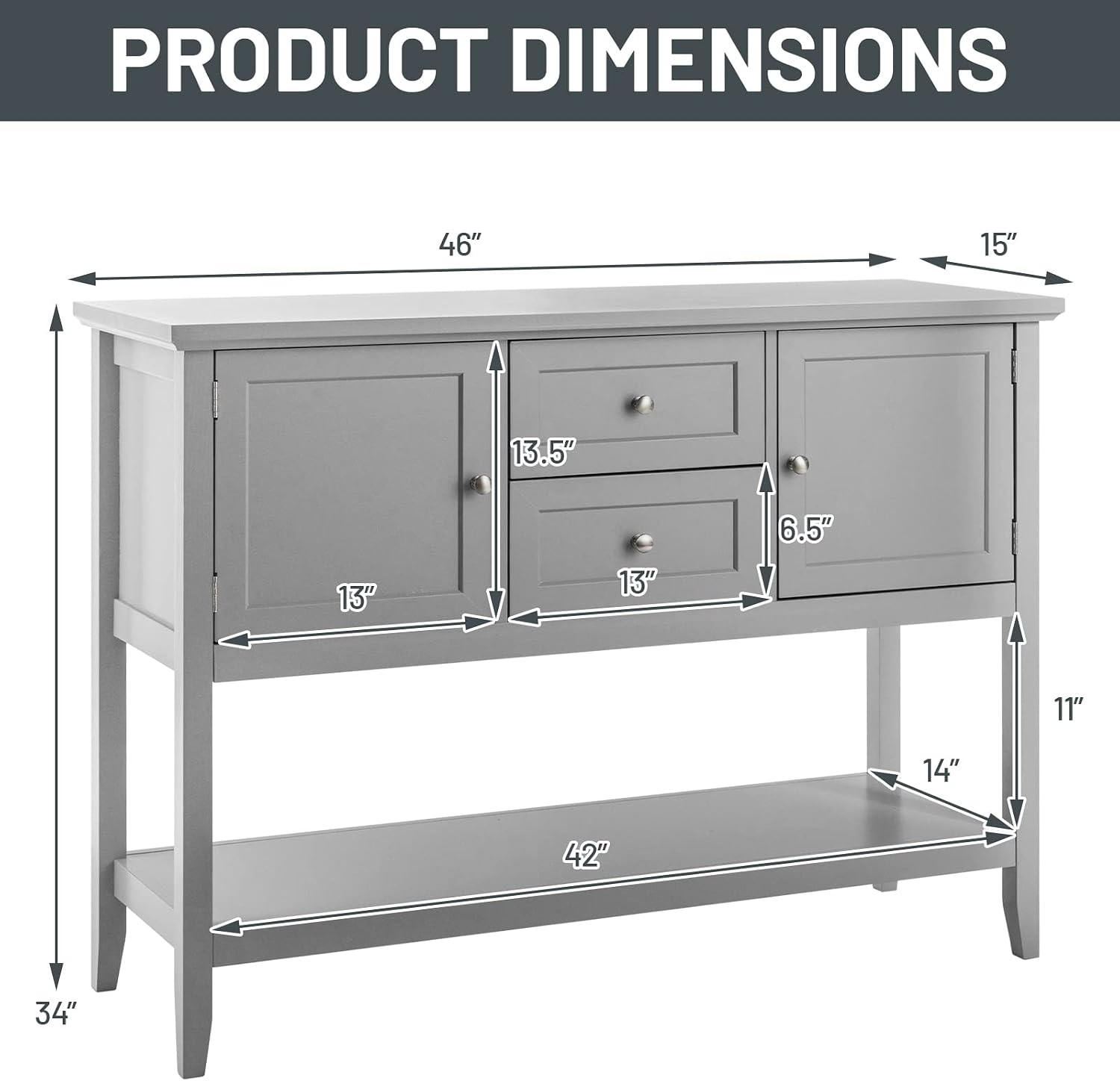 COSTWAY Buffet Sideboard, with 2 Wood Storage Drawers & Open Shelf, Console Table for Living Room Kitchen Dining Room Furniture (Grey)