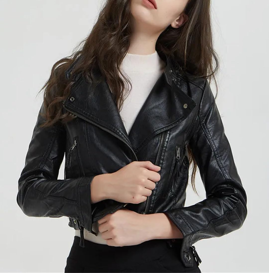 Women'S Washed Rivet Motorcycle Coat Streetwear Style Short Turn-Down Collar Long Sleeves Fashion PU Leather Outerwear