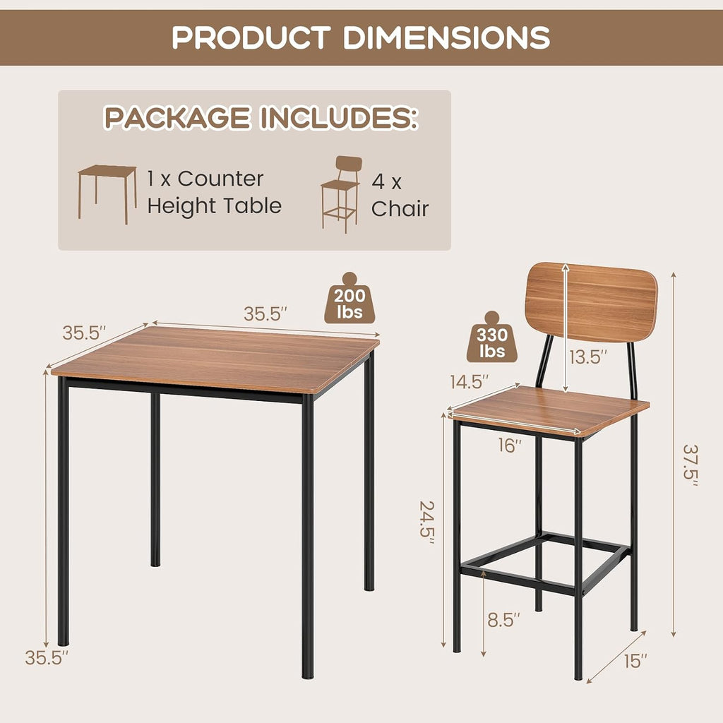Giantex 5-Piece Dining Table Set W/Counter Height Table & 4 Bar Stools, Industrial Kitchen Dining Table Set W/Footrest & Backrest, Space-Saving Dinette Set for Pub, Dining Room, Restaurant (Teak)
