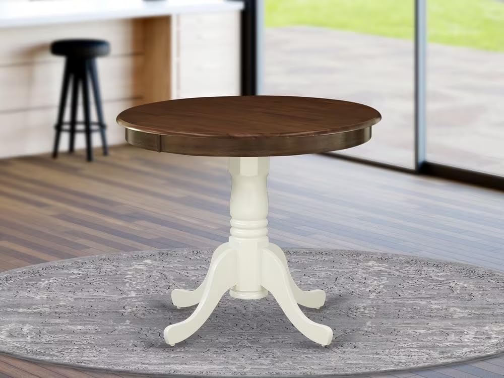 East West Furniture AMT-WLW-TP Antique Kitchen Dining Table - a Round Wooden Table Top with Pedestal Base, 36x36 Inch, Walnut & Linen White
