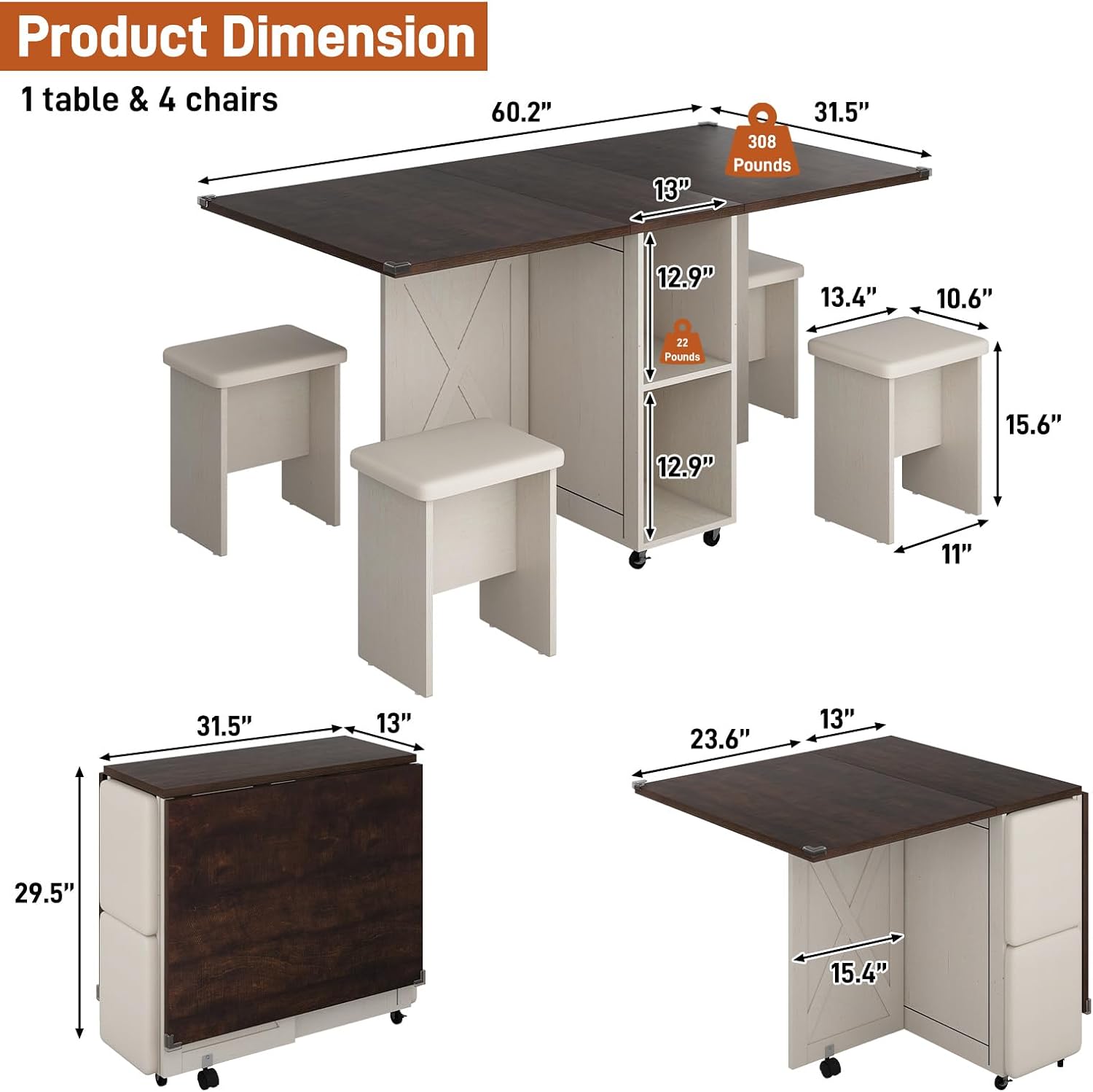 5 PCS Farmhouse Dining Table Set for 4,60' Large Folding Dining Table Set w/ 4 Leather Chairs, Drop Leaf Foldable Kitchen Table for Small Spaces,Barn Door Design,6 Wheels,2-Layer Storage Shelf,Brown