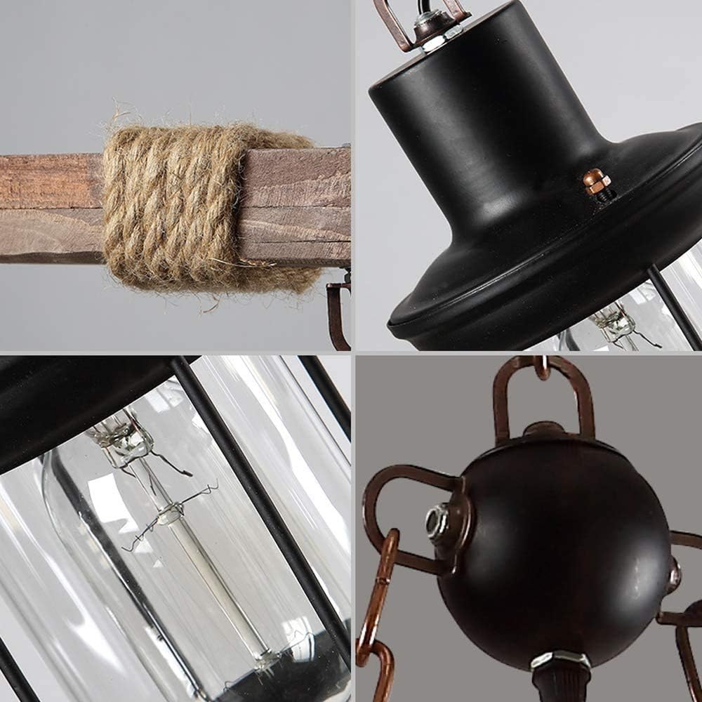 GHY 8 Lights Industrial Wooden Hanging Lighting Black Metal Chandelier Farmhouse Vintage Pendant Lamp Glass Lampshade for Pool Table Kitchen Island Bar Retro Ceiling Light Height Adjustable Fixture