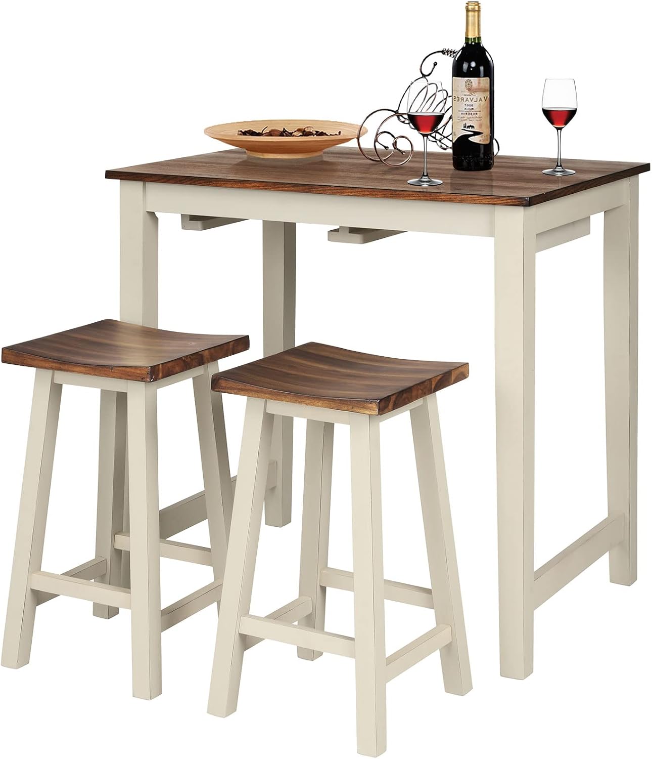 COSTWAY 3 Pieces Dining Set, Counter Height Pub Table Set with 2 Saddle Stools, Industrial Wood Breakfast Table Set for Bar, Kitchen, Living Room, Restaurant
